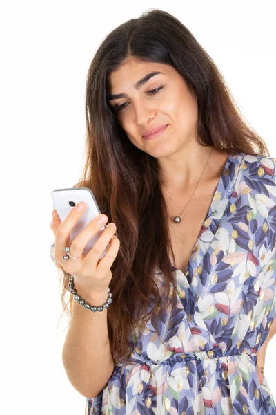 Smiling Woman Texting Using Smartphone Mobile Phone White Background — Stock Photo, Image