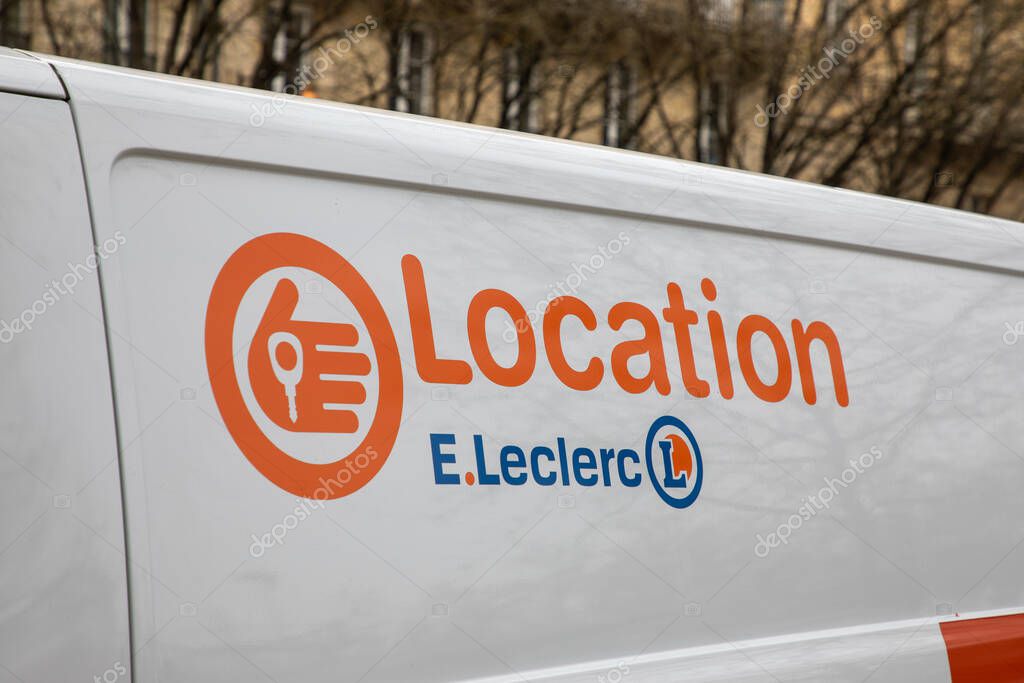 Bordeaux , Aquitaine  France - 03 10 2023 : e.Leclerc location rent text logo and brand sign on van panel rental trucks vehicle