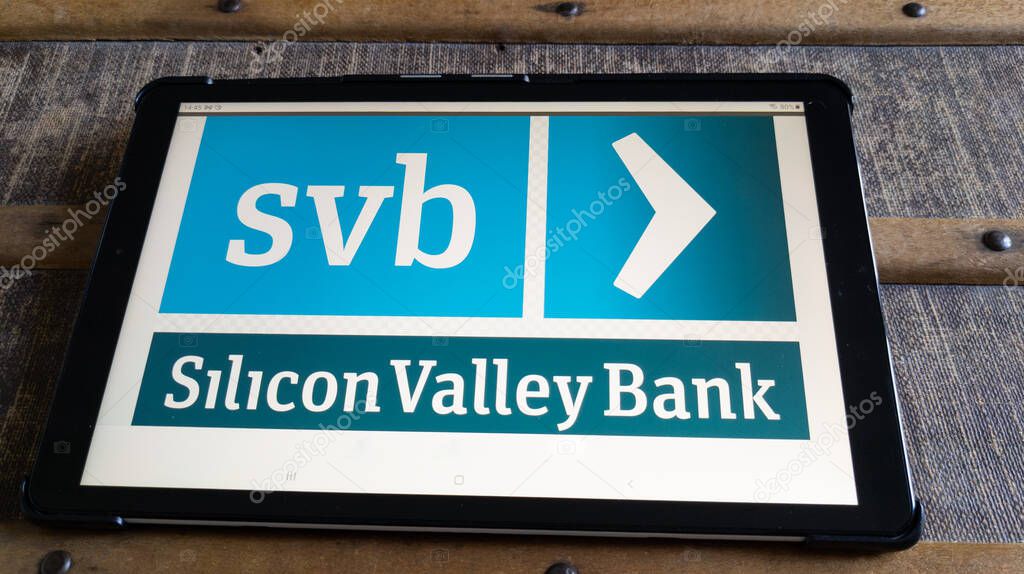 Bordeaux , Aquitaine  France - 03 10 2023 : SVB logo brand and text sign of Silicon Valley Bank computer tablet screen in stock quotes of collapsed shares bank failure in the US