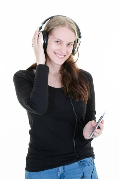 Junge Frau Hört Telefonmusik Kopfhörer Glücklich Freudig Schöne Blonde Mädchen — Stockfoto