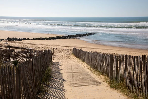 Piaszczysta Droga Ocean Dostęp Morza Piaszczystej Plaży Drewnianym Płotem Letni — Zdjęcie stockowe