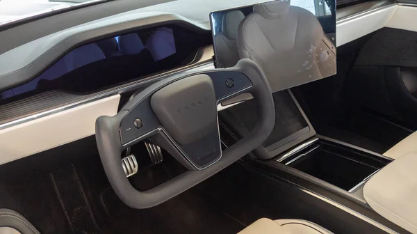 Bordeaux Akwitania Francja 2023 Wnętrze Samochodu Tesla Nowoczesny Elektryczny Tablet — Zdjęcie stockowe
