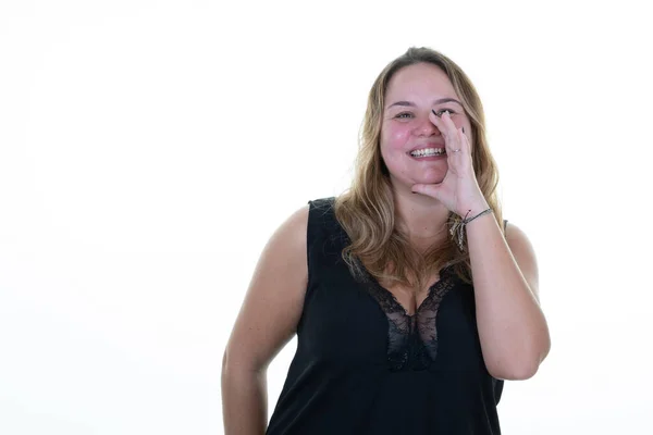 Beyaz Arka Planda Ele Bağıran Bir Kadın Mutlu Güzel Bir — Stok fotoğraf