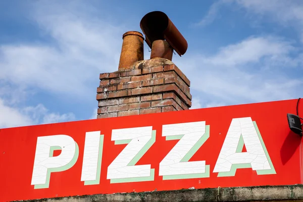 Pizzeria Restaurant Teken Pizza Tekst Muur Gevel Italiaanse Stijl Restaurant — Stockfoto