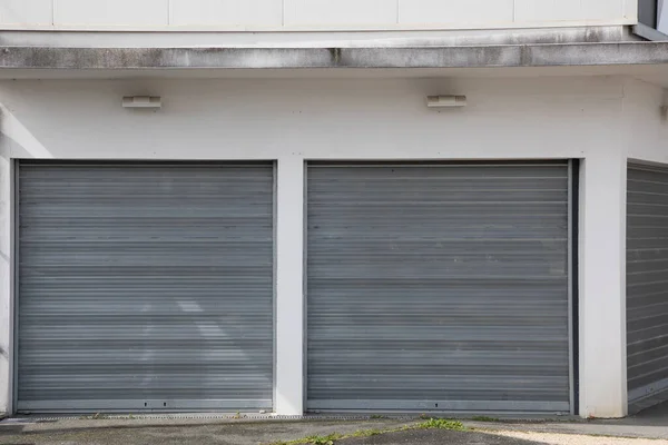 Rolling Shutters Closed Facade Bankrupt Store Double Entrance Windows Shop — Stock Photo, Image