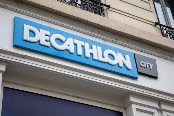 stock image lyon , Aura France - 04 24 2023 : decathlon city text sign store logo brand in shop building in center town