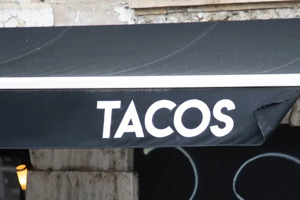 Tacos Placa Texto Fachada Sinal Restaurante — Fotografia de Stock