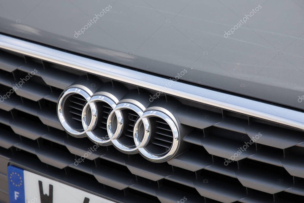 Bordeaux , Aquitaine  France - 05 29 2023 : Audi car logo brand and text sign on hood front new modern german vehicle