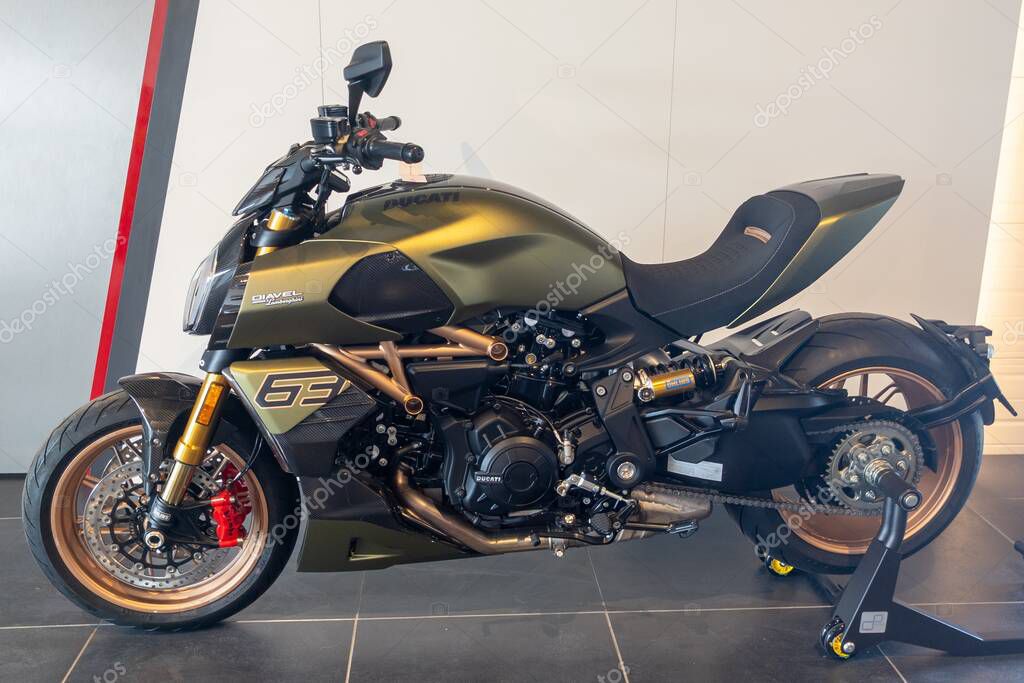 Lyon,  France - 06 16 2023 : Ducati DIAVEL 1260 S Lamborghini  motorcycle sign brand and logo text on Italian motorbike tank bike
