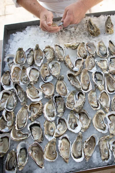 在Arcachon盆地的法国餐馆里 男人们打开新鲜的牡蛎 — 图库照片