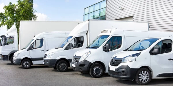 Several Cars Vans Trucks Parked Parking Lot Shipping Delivery Logistics — Stock Photo, Image