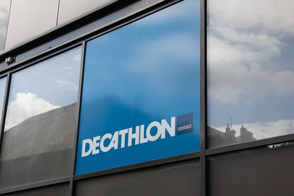 stock image lyon,  France - 06 16 2023 : decathlon contact sign text and brand logo entrance facade wall store building in bordeaux town street
