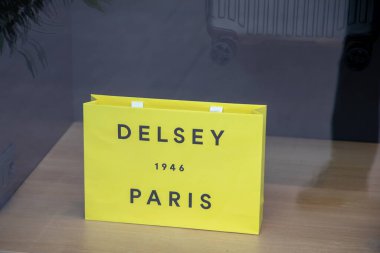 Lyon, Fransa - 07 15 2023: Delsey Paris logosu ve Fransız firmasının mağazasının ön cephe pencereleri bagaj ve seyahat butiği üretiyor