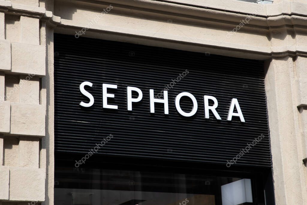 Milan , Italy  - 08 07 2023 : Sephora sign text and brand logo on wall facade shop French boutique chain entrance of perfumery fashion cosmetics store
