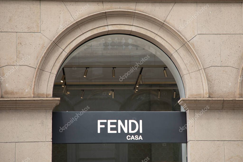 Milan , Italy  - 08 07 2023 : Fendi casa logo sign chain and brand text on store facade boutique for home interior shop entrance Italian luxury fashion house