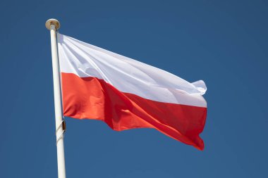 poland polish flag mat red white colors of Republic of Poland wave over a blue sky clipart