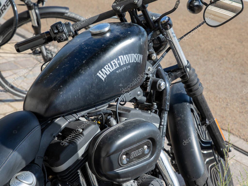 Bordeaux , France - 09 12 2023 : harley davidson 883 black logo text and brand sign on petrol tank fuel of american custom Motorcycle