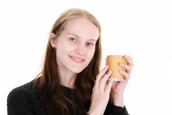 Young Beautiful Blonde Woman Presents Mock Cardboard Cup Coffee Brown Stock Picture