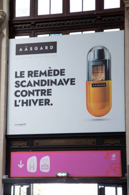 Bordeaux, Fransa - 12 06 2023: Aasgard logo markası ve odun sobası ve saçma şömine işaretleri duvar reklam paneline yerleştiriliyor