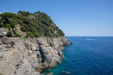 Yaz günlerinde Portofino Körfezi 'nde ligurian dağlarında yamaç yürüyüşü.