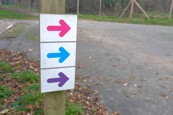 Hiking sign and colored directional arrows marking the different possible circuits on the trail in autumn