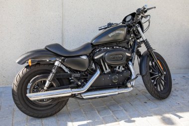 Bordeaux, Fransa - 03 12 2024: Harley Davidson 883 siyah motor logosu metni ve Amerikan özel motosiklet şirketinin benzin deposu üzerindeki marka işareti