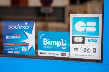Bordeaux , France -  03 23 2024 : bimpli brand cb visa mastercard logo and text sign and sodexo brand front entrance of bar door window restaur clipart