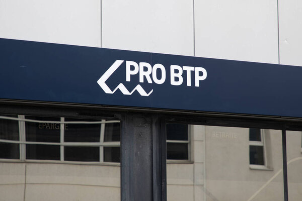 Bordeaux , France -  03 26 2024 : pro btp logo text and brand sign on office entrance store building agency facade