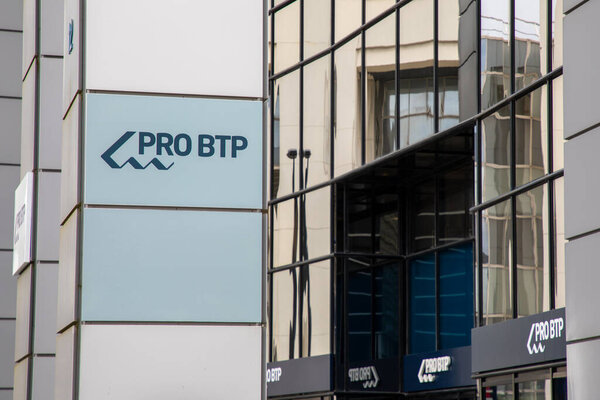 Bordeaux , France -  03 26 2024 : pro btp office logo sign and brand text of local agency of French mutual insurance company panel