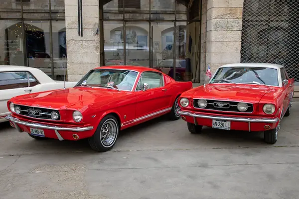 Bordeaux, Fransa - 04 08 2024: ford Mustang gt 350 güçlü araba bize kırmızı kaslı Amerikan retro otomobili