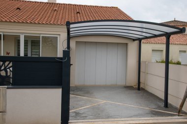 home carport steel on facade garage house parked place car patio pergola roof clipart