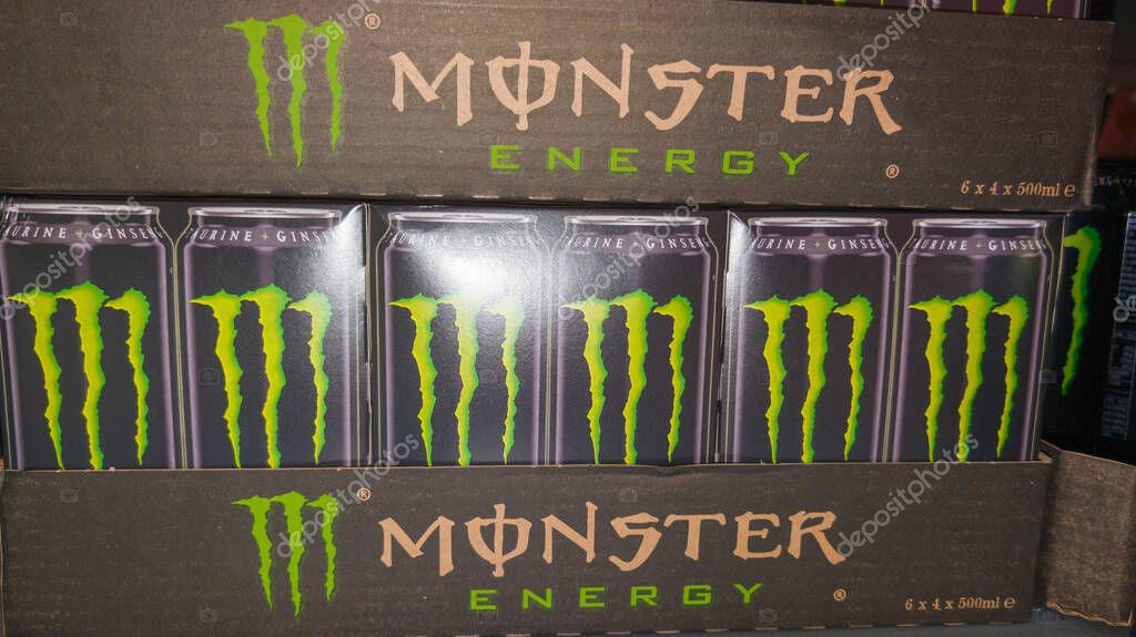 Bordeaux , France - 07 23 2024 : Monster Energy beverage can drink tastes juice drink tins in store market