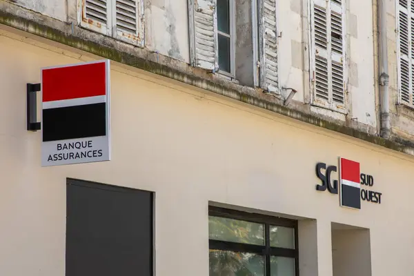 stock image Bordeaux , France - 07 27 2024 : societe generale sud ouest logo sign and text brand chain front of wall entrance bank office facade society general