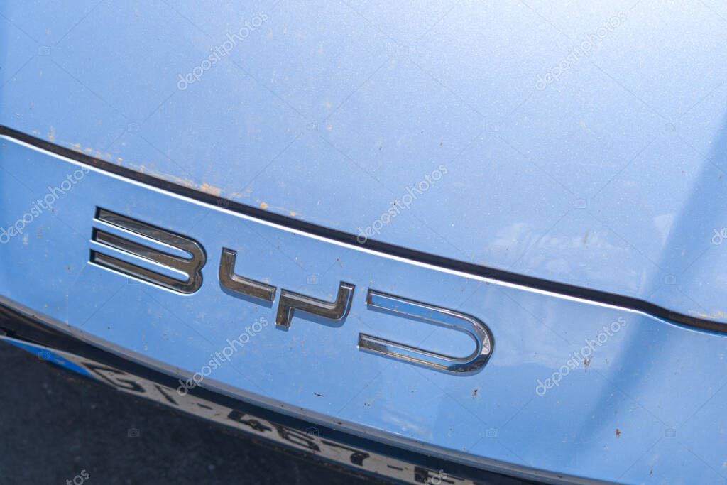 Bordeaux , France -  08 17 2024 : BYD car logo brand and front hood sign text of china dealership Build Your Dream