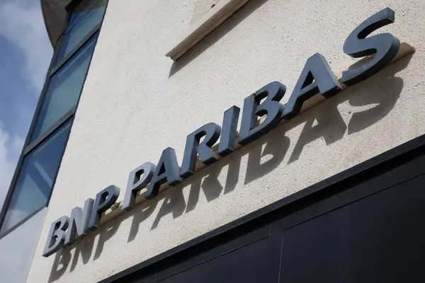 Stock image Bordeaux , France -  09 11 2024 : BNP Paribas logo chain and text sign outside agency brand french bank office entrance facade