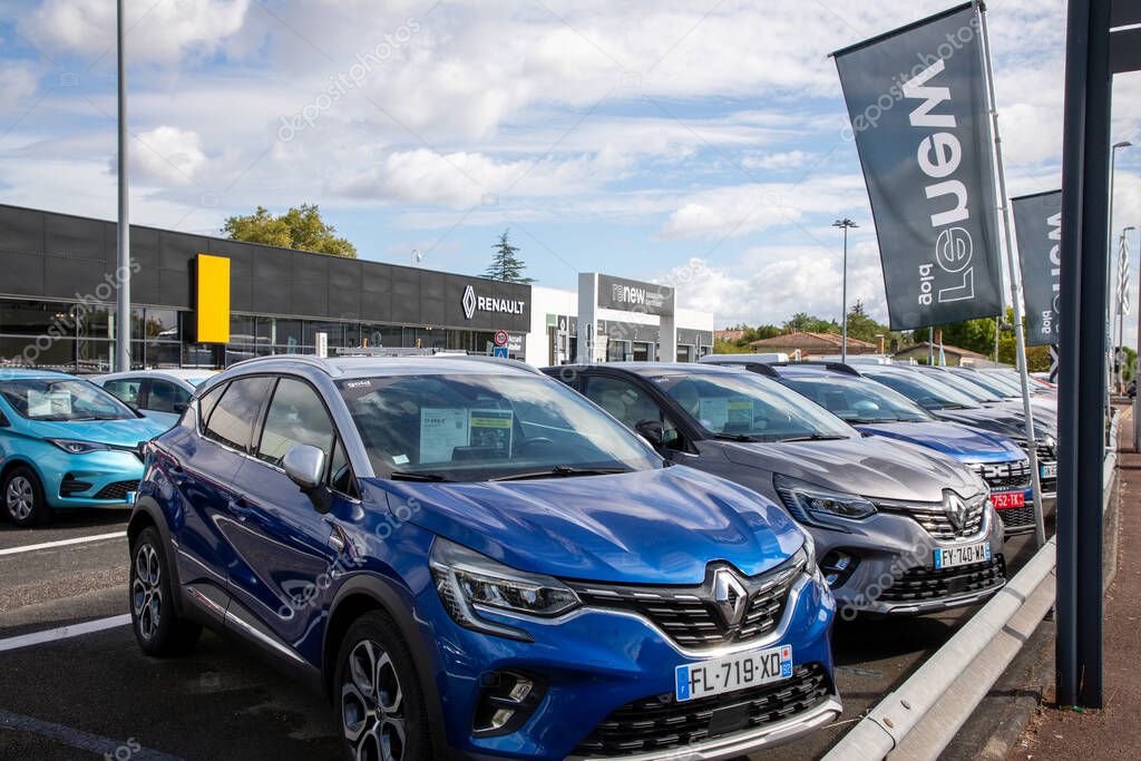 Bordeaux , France -  09 07 2024 : Renault renew flag car logo sign and brand text for selling used second hand dealership vehicle