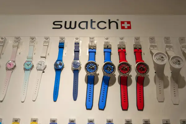 stock image Bordeaux , France -  09 15 2024 : Swatch display boutique logo brand and text sign front facade wall chain store swiss watches