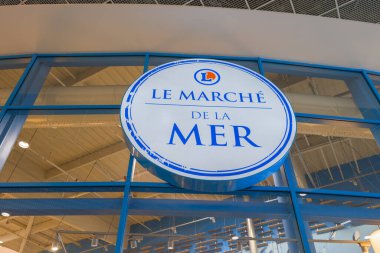 Bordeaux, France - 10 17 2024 : E.Leclerc fishmonger fish sea market sign brand French hypermarket leclerc logo text on facade store entrance  market clipart