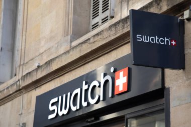 Bordeaux, France -  10 29 2024 : swatch brand text shop and sign logo on facade store fashion chain signage entrance in street view storefront clipart