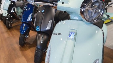 Bordeaux, France - 11 07 2024 : Vespa text sign and brand text on front of line new scooter in dealership clipart