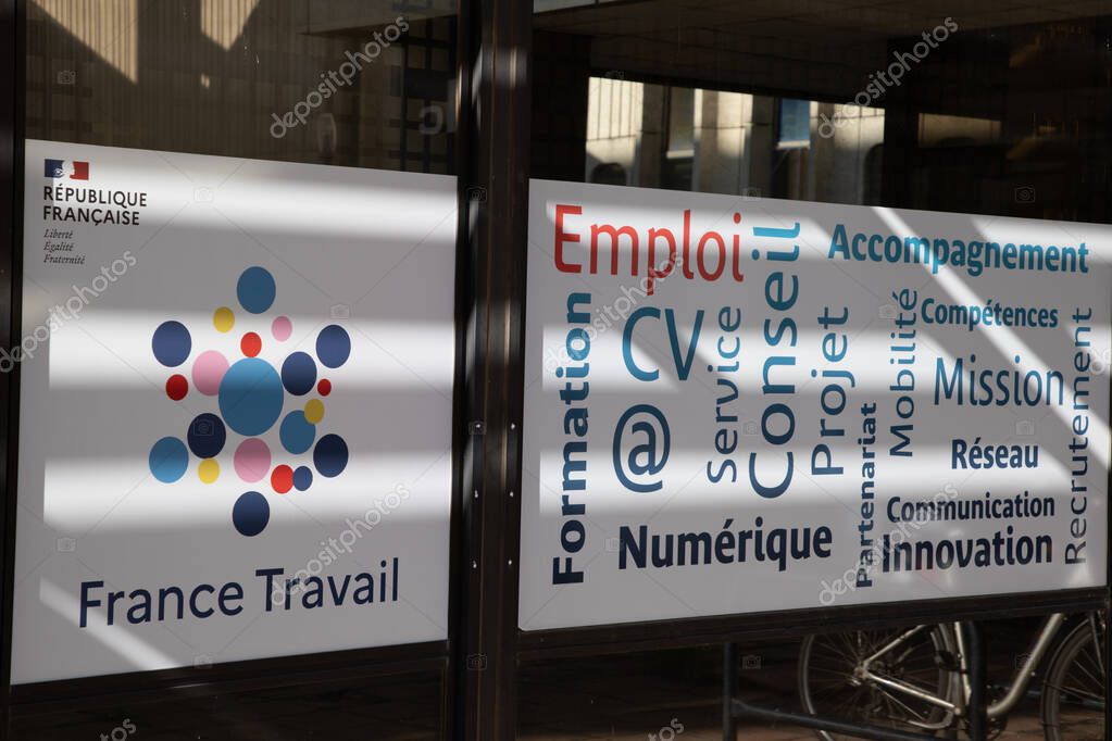 Bordeaux , France - 11 12 2024 : france travail sign brand and text logo of national government agency job center office french registers unemployed people