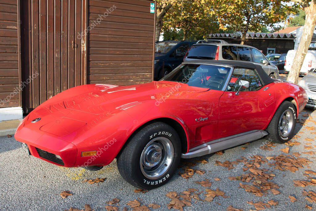 Bordeaux , France - 11 19 2024 : Chevrolet corvette racing red car sign logo brand front of vintage racing car
