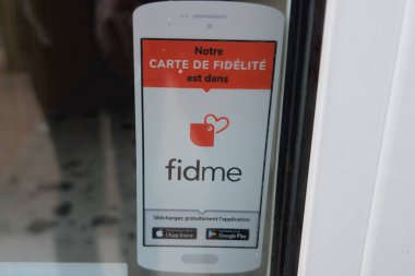 Bordeaux , France - 01 09 2025 : fidme application of loyalty cards on phone sticker on shop entrance brand logo and text sign clipart