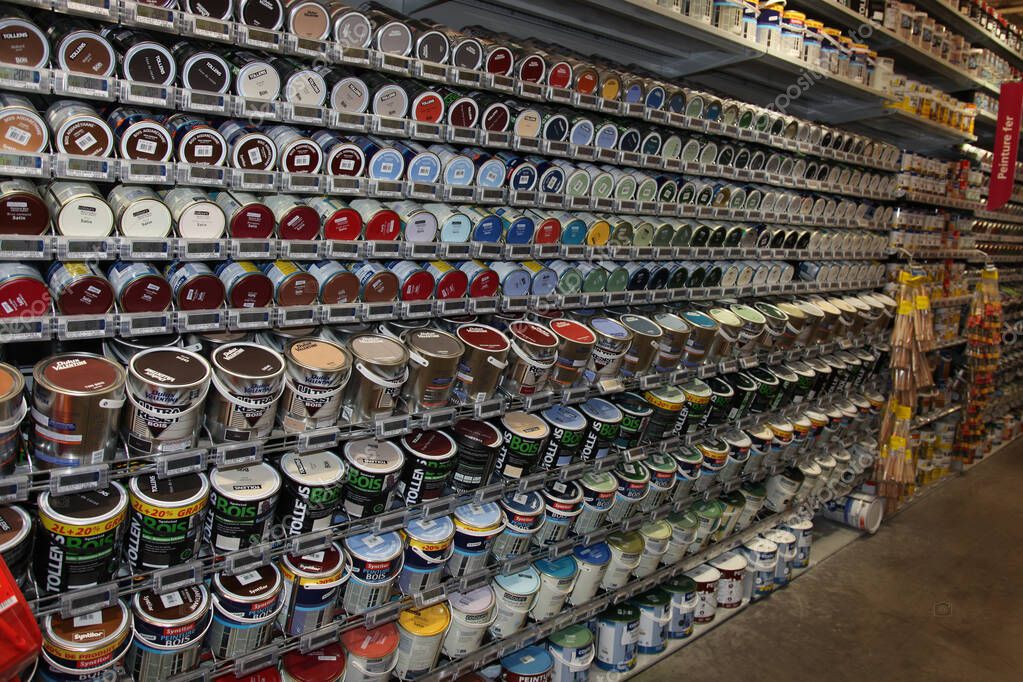 Bordeaux , France - 01 21 2025 : castorama interior shop diy paint pot sales aisle in store chain brand logo sign shop