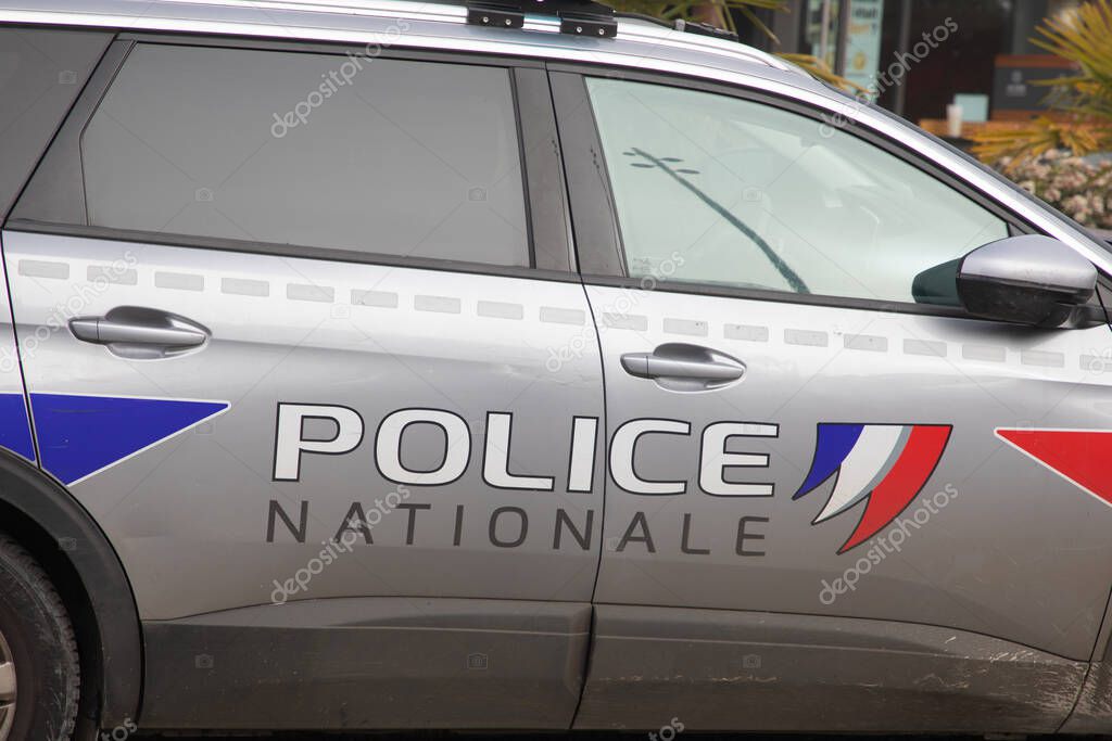 Bordeaux , France - 02 04 2025 : police nationale sign text and logo brand on peugeot 5008 side car French national police in street town France