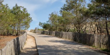 Gironde France 'taki Büyük Crohot Sahili' ne tahta kum yolu erişimi Gironde Fransa 'daki Büyük Gelincik Deniz Atlantik Sahili