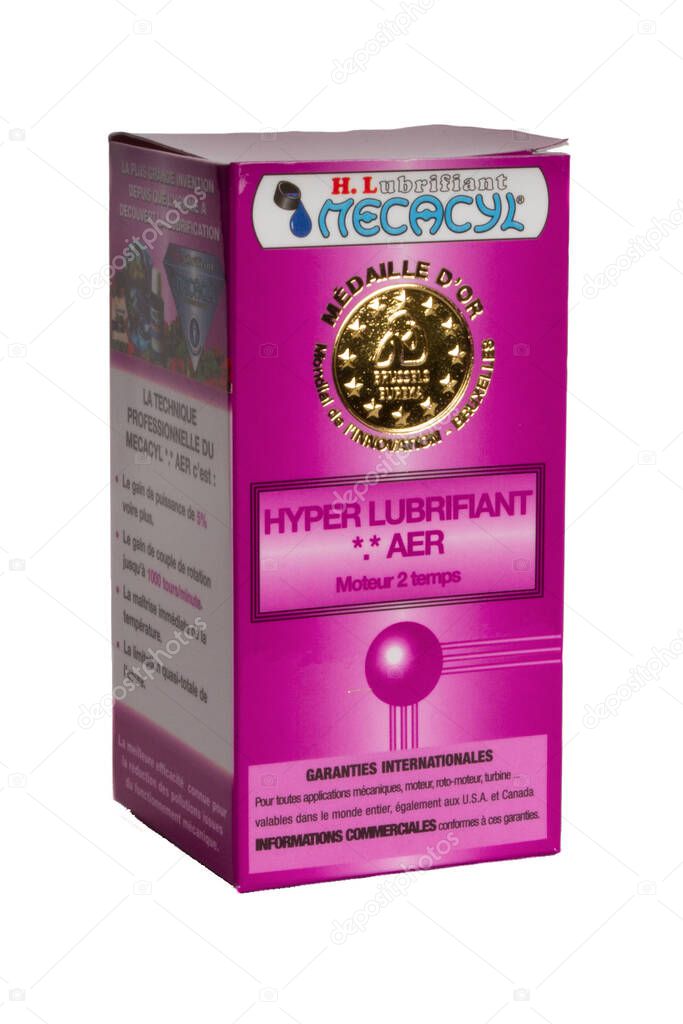 Bordeaux , France -  31 03 2025 : mecacyl hyper lubrifiant aer automotive France lubricants company logo brand and text sign on bottle 2 stroke engine additive