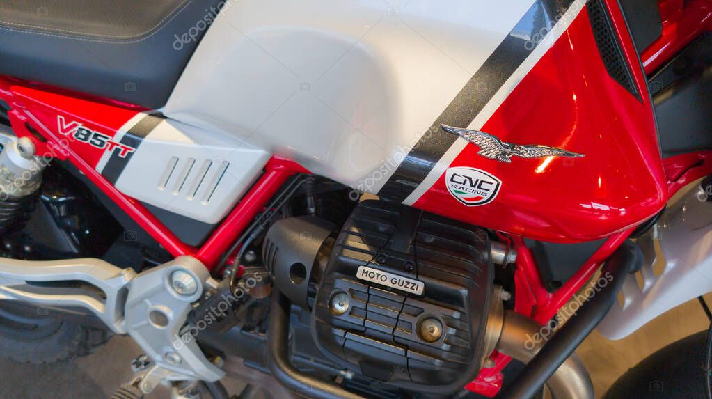Bordeaux , France -  31 03 2025 : Moto Guzzi v85 tt logo brand and text sign cnc racing motorcycle front of bike dealer motorbike seller shop of Italian manufacturer