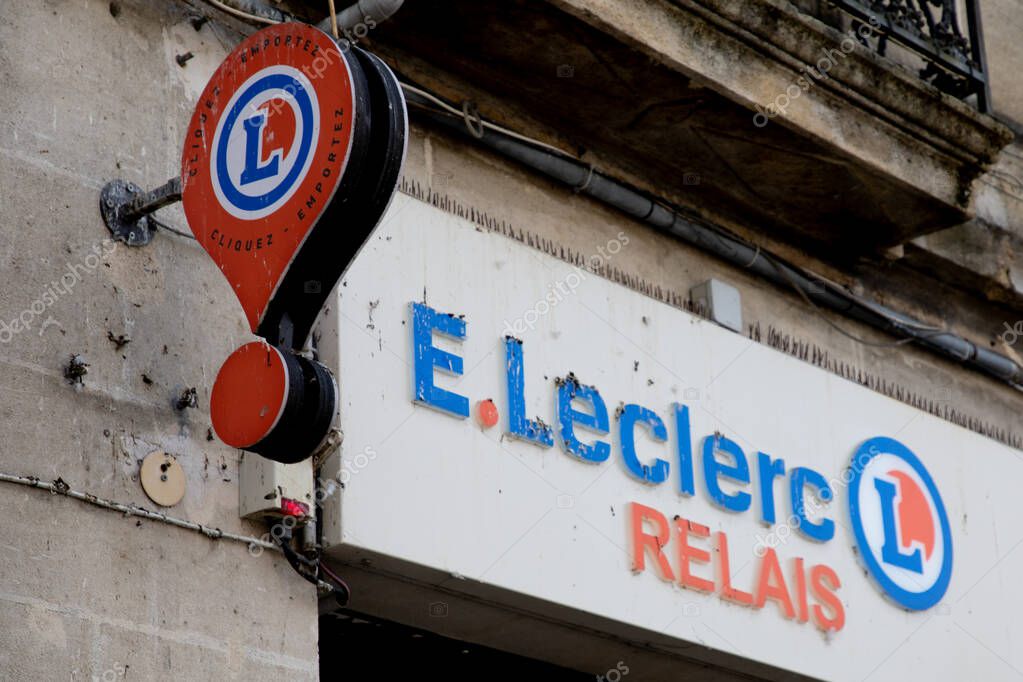 Bordeaux , France -  04 01 2025 : E.leclerc relais text brand and logo sign chain on building facade shop retail supermarket store leclerc