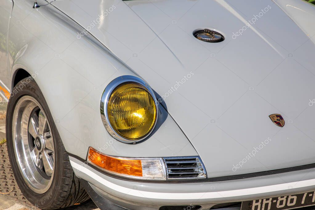 Bordeaux , France -  04 07 2025 : porsche 911 grey silver sport oldtimer classic vintage car front logo brand and text sign from germany